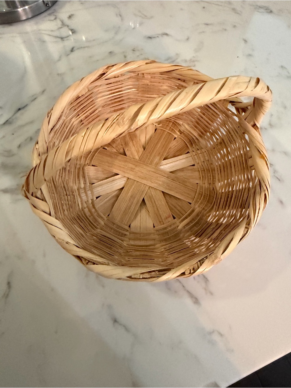 Cute small handwoven wicker gathering basket single arched handle